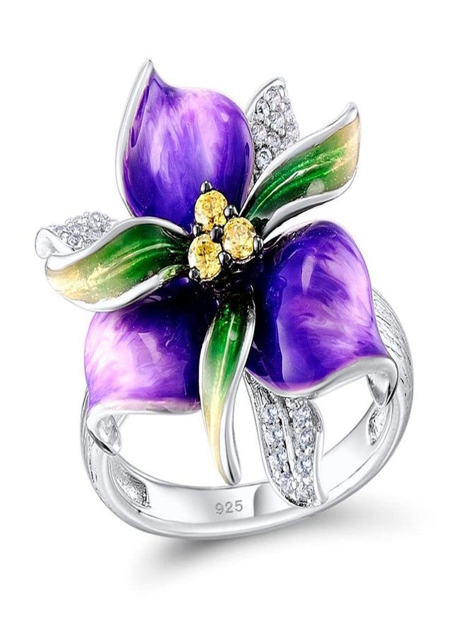 HAIXIAN Silver Blooming Purple Flower Enamel Ring,Thick Platinum Plated Colorfull Resin Floral Statement Ring,Cocktail Party Flower Ring Jewelry Gift for Women Her (Ring_A, 9) - Image 1